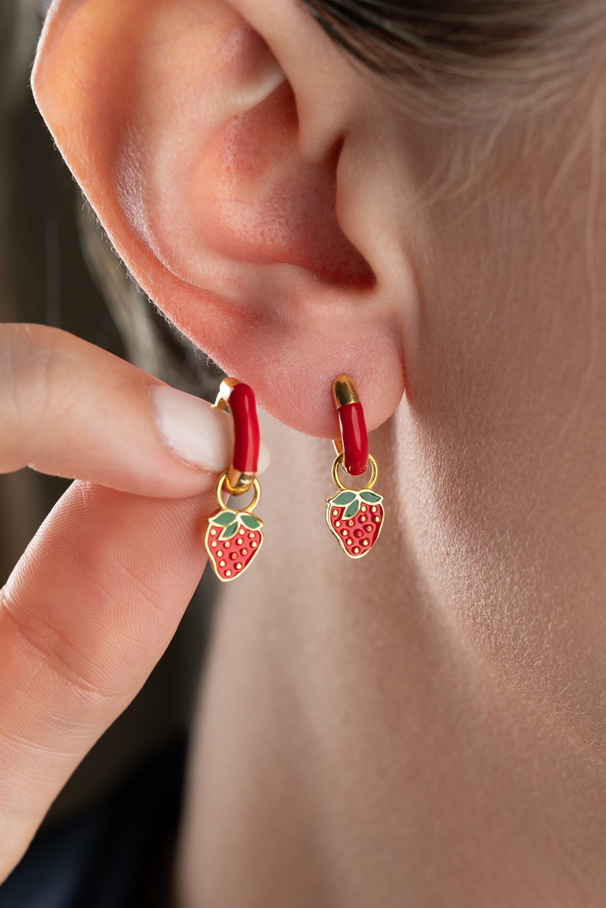 Strawberry Charm Red Enamel Hoop Earrings