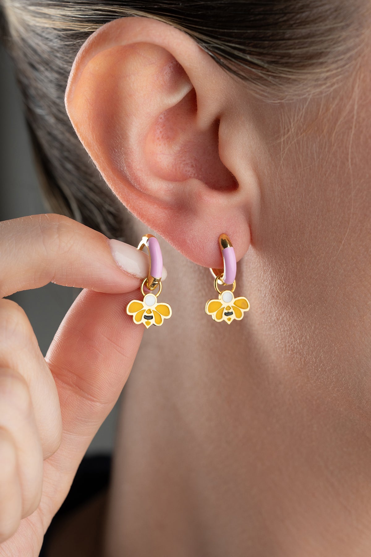 Purple Enamel Bee Charm Hoop Earrings