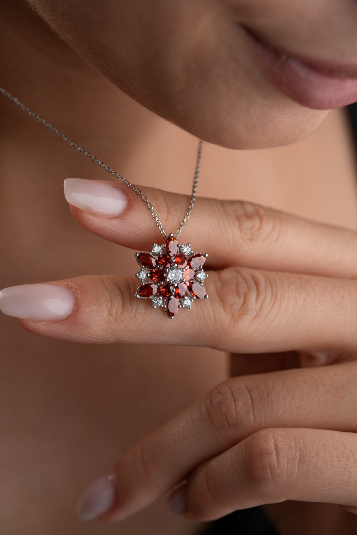 Garnet Flower Cluster Pendant Necklace