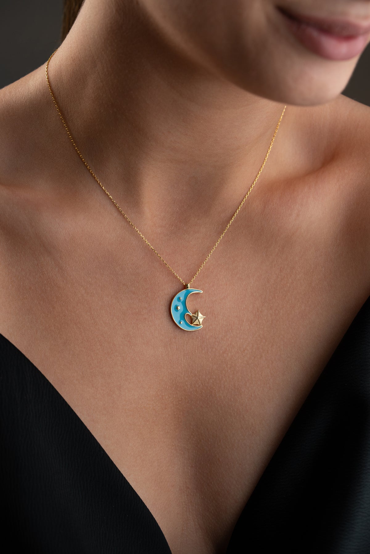 Blue Enamel Crescent Moon Necklace