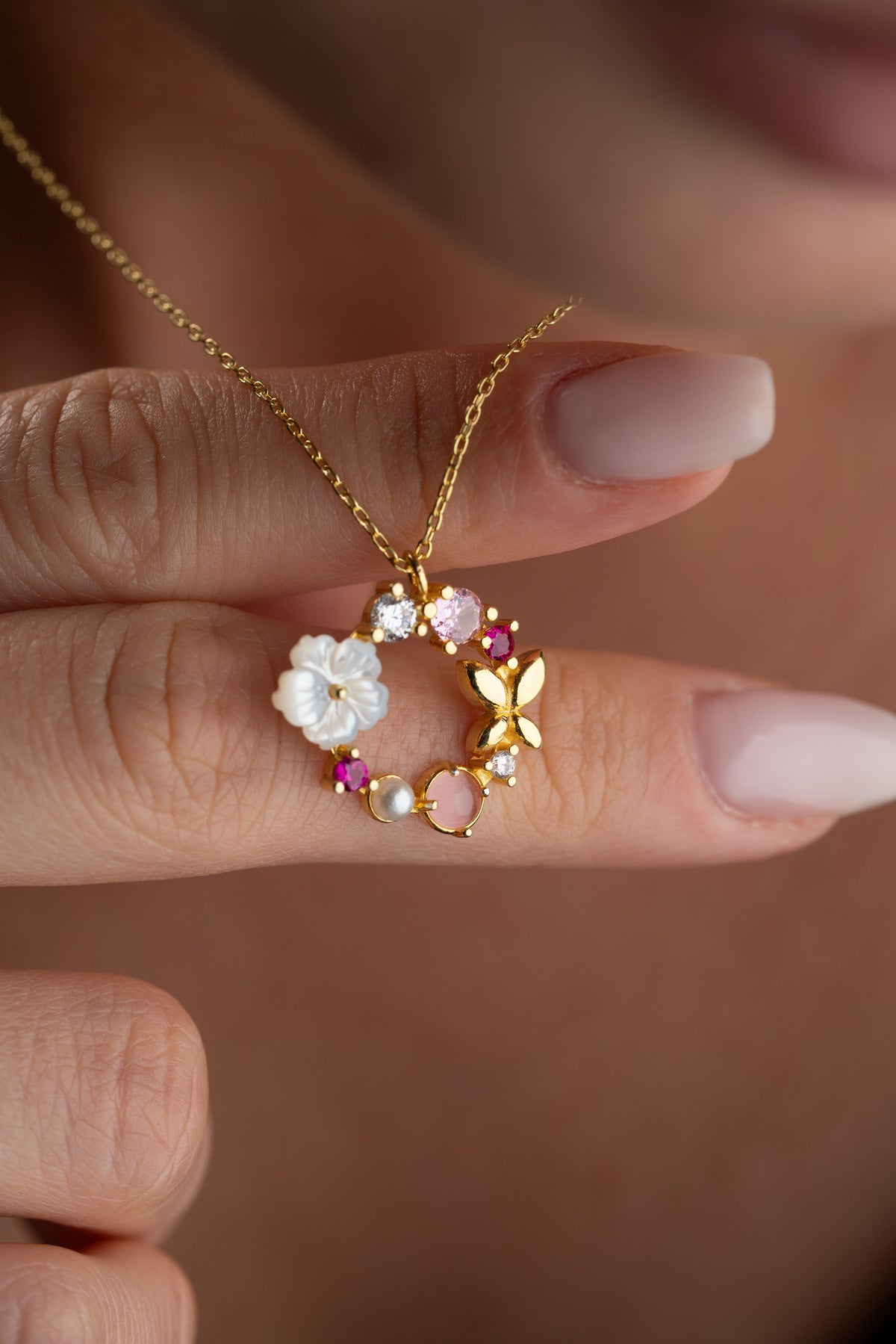 Flower Butterfly Gemstone Wreath Necklace