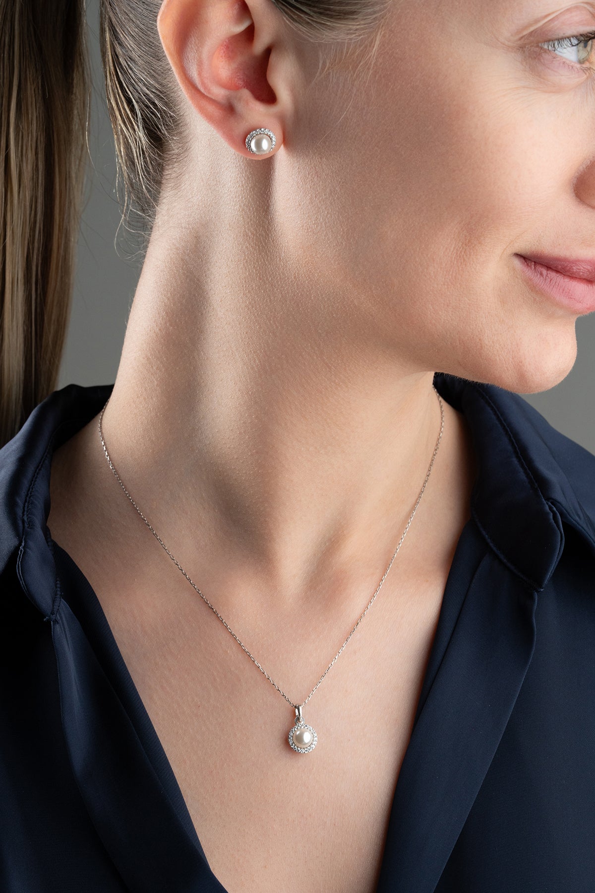 Pearl Halo Pendant Necklace and Earring Set