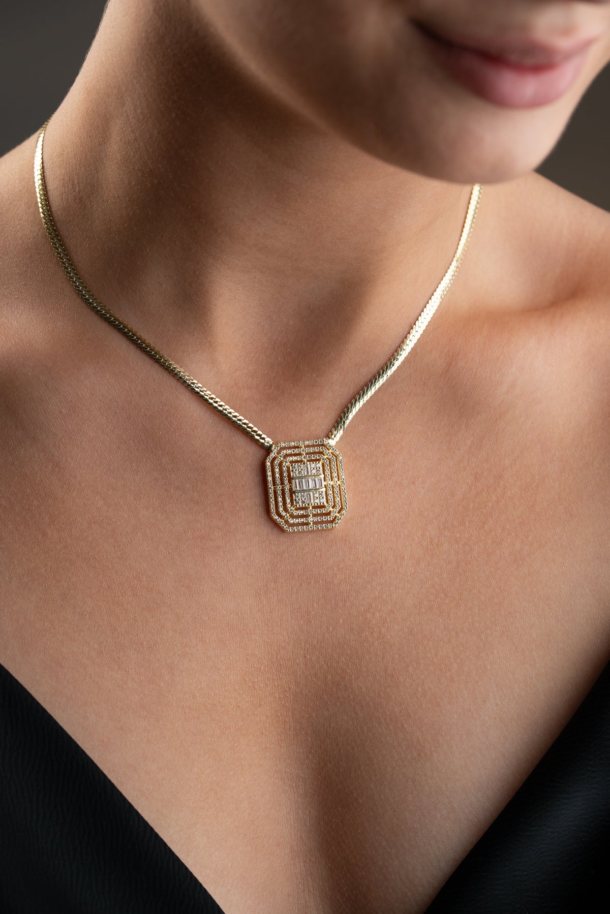 Art Deco Baguette Pendant Snake Chain Necklace