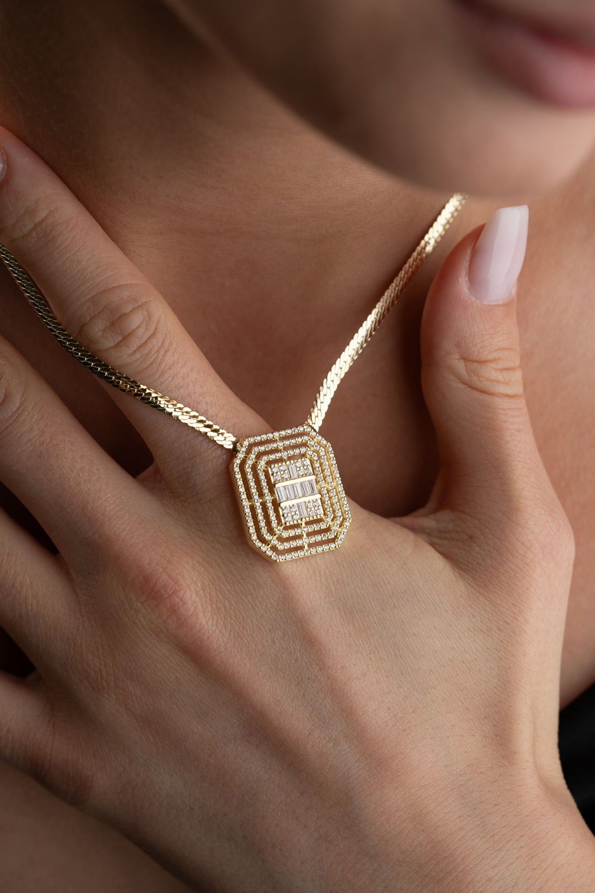 Art Deco Baguette Pendant Snake Chain Necklace