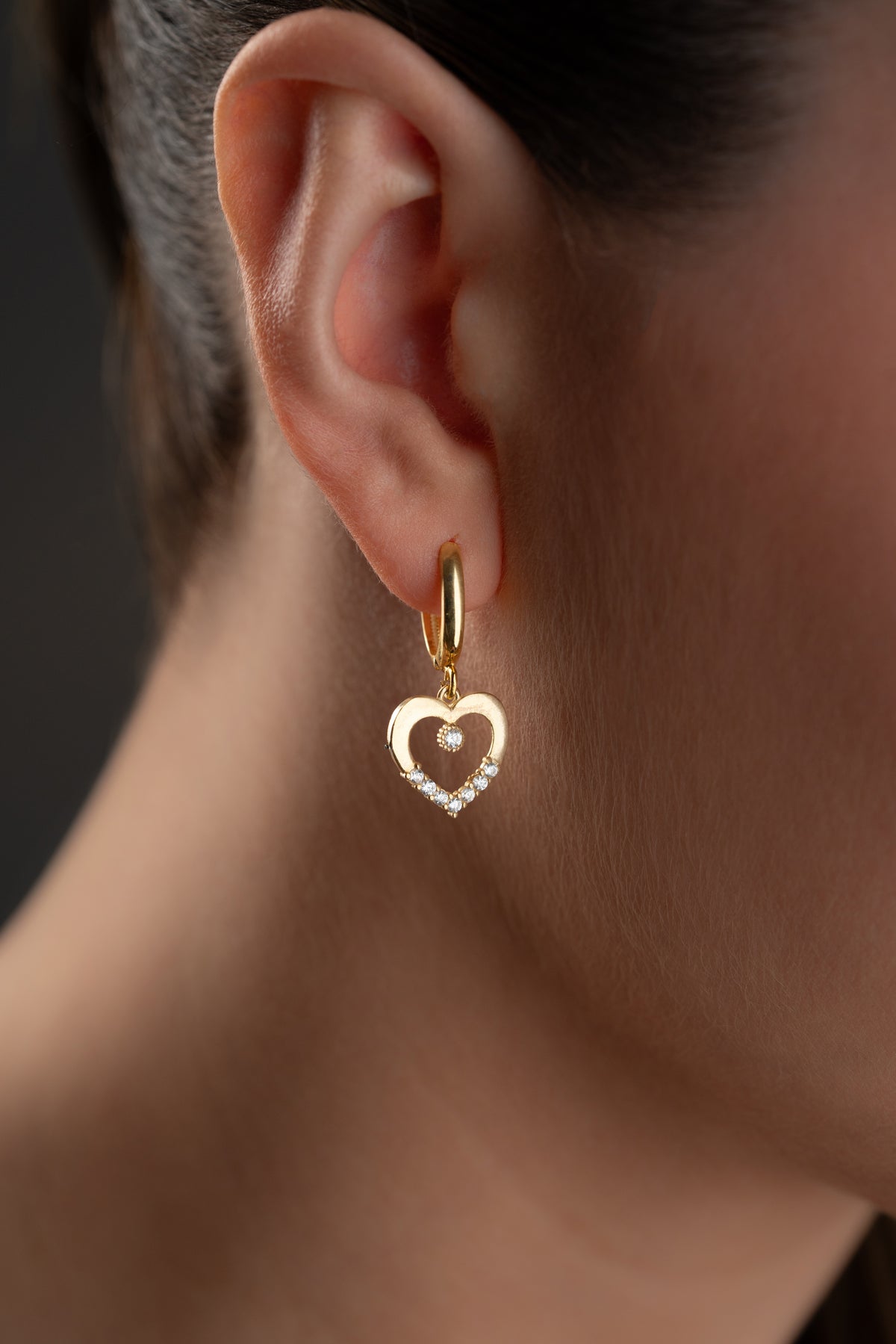 Open Heart Pave Huggie Earrings in Gold