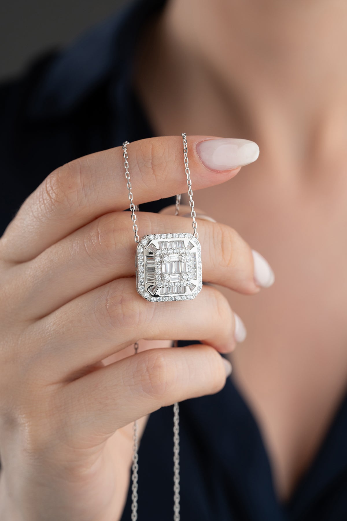 Silver Baguette Cluster Pendant Necklace