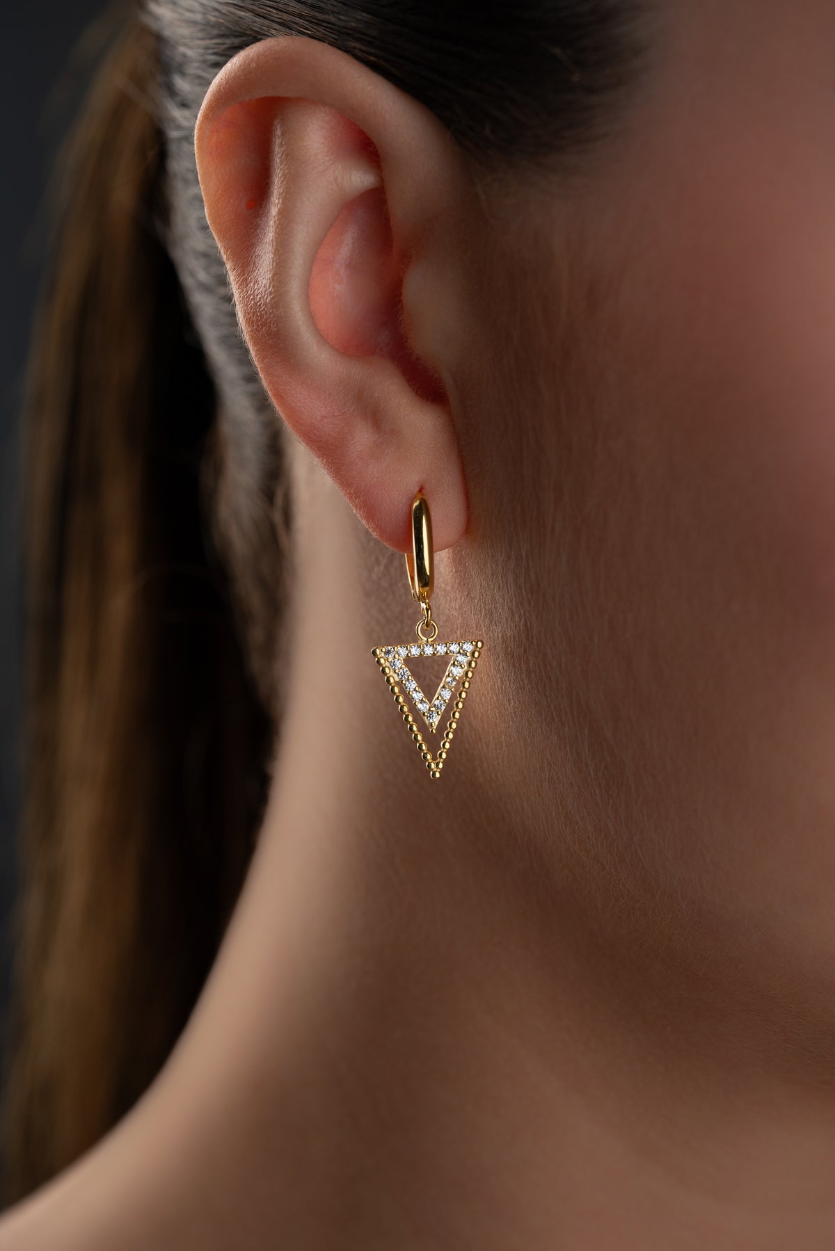 Gold Pave Triangle Drop Huggie Earrings