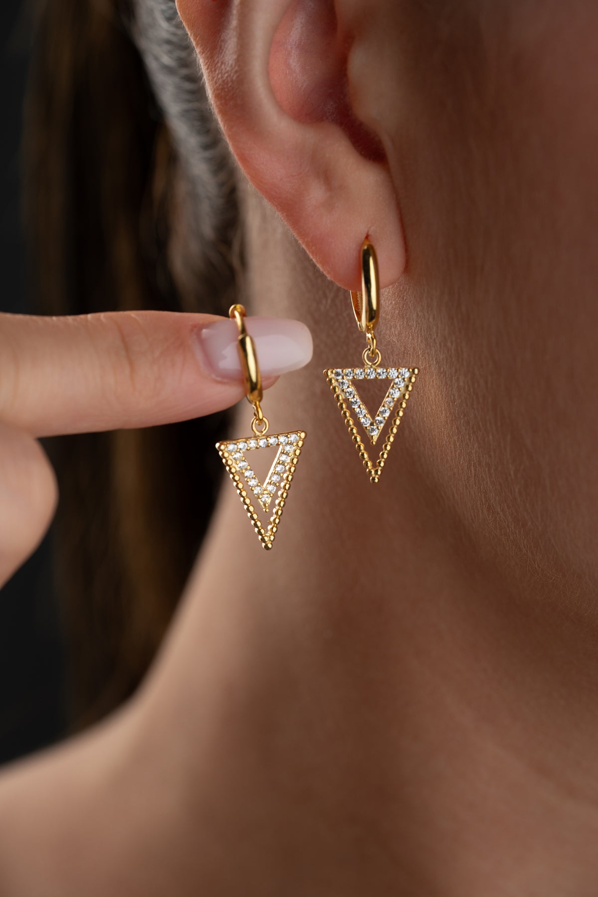 Gold Pave Triangle Drop Huggie Earrings