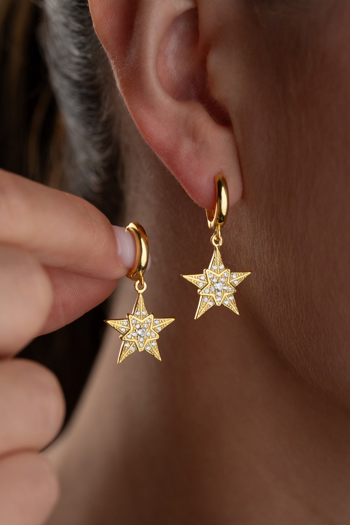 Pave Star Dangle Earrings in Gold