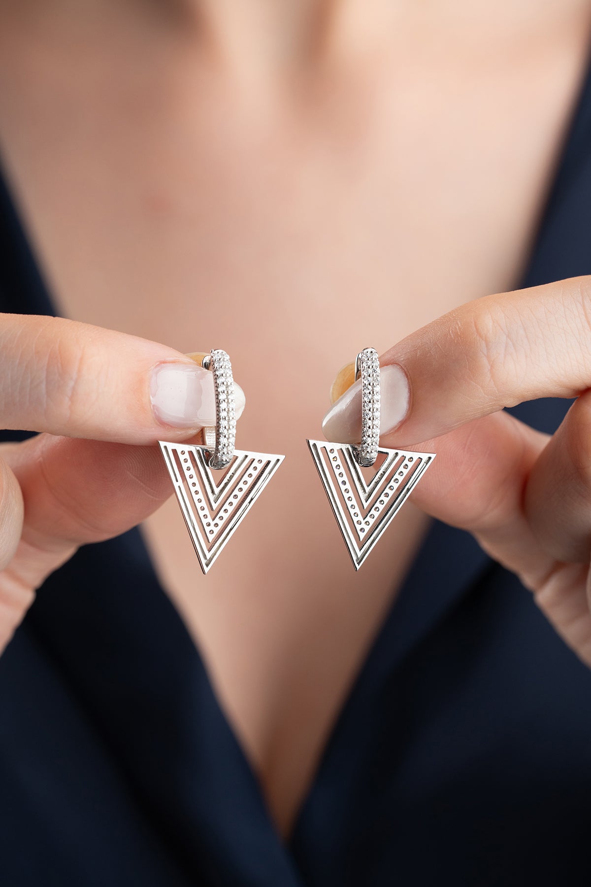 Pave Triangle Drop Earrings in Silver