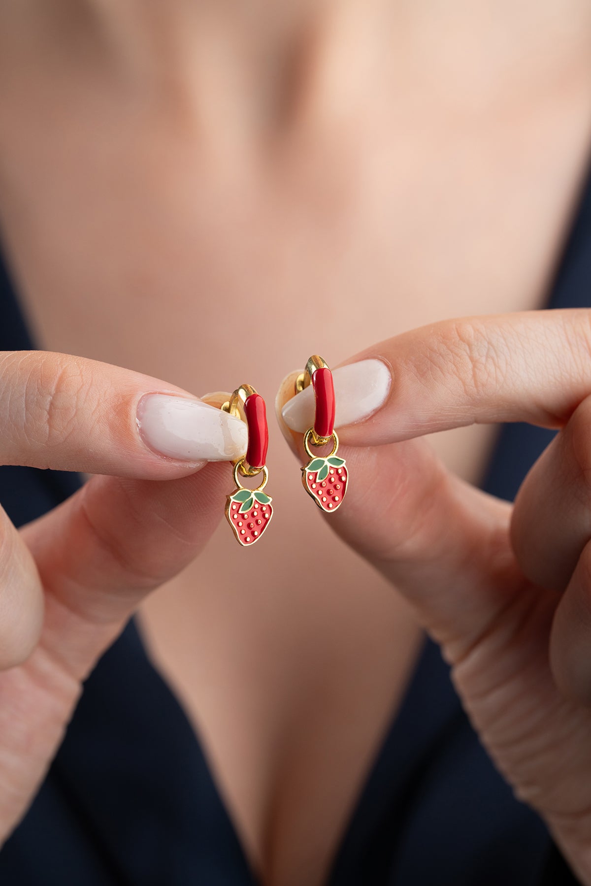 Strawberry Charm Red Enamel Hoop Earrings