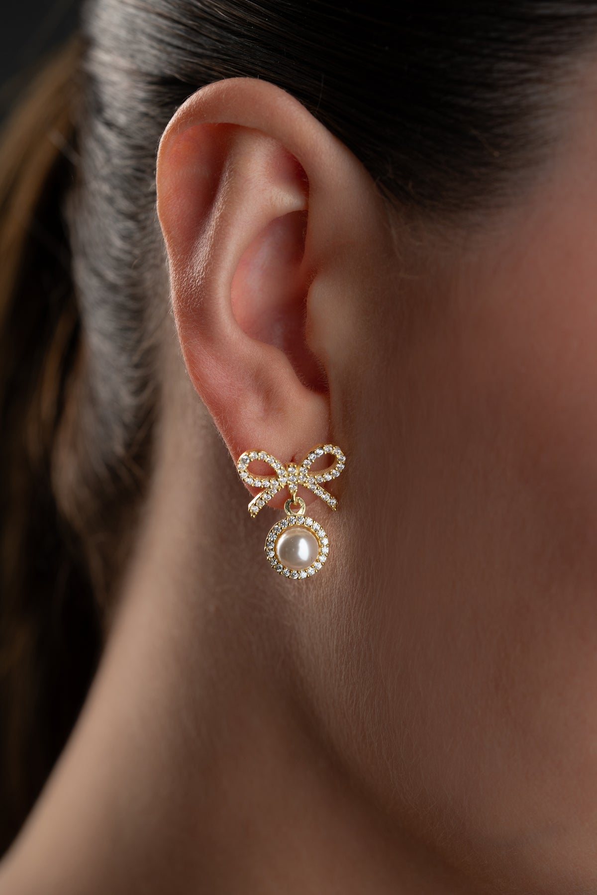 Pearl Bow Drop Earrings in Gold