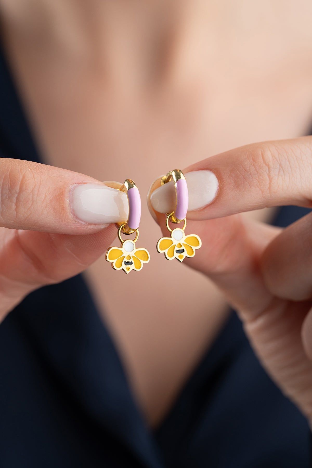 Purple Enamel Bee Charm Hoop Earrings