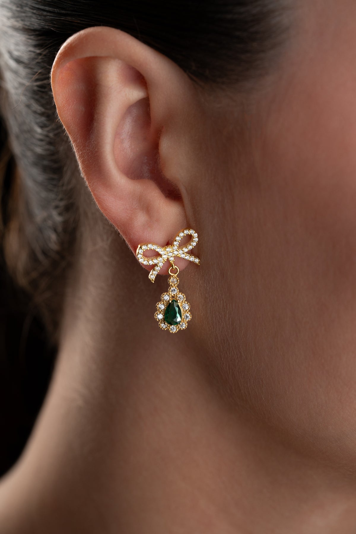 Emerald Bow Drop Earrings in Gold