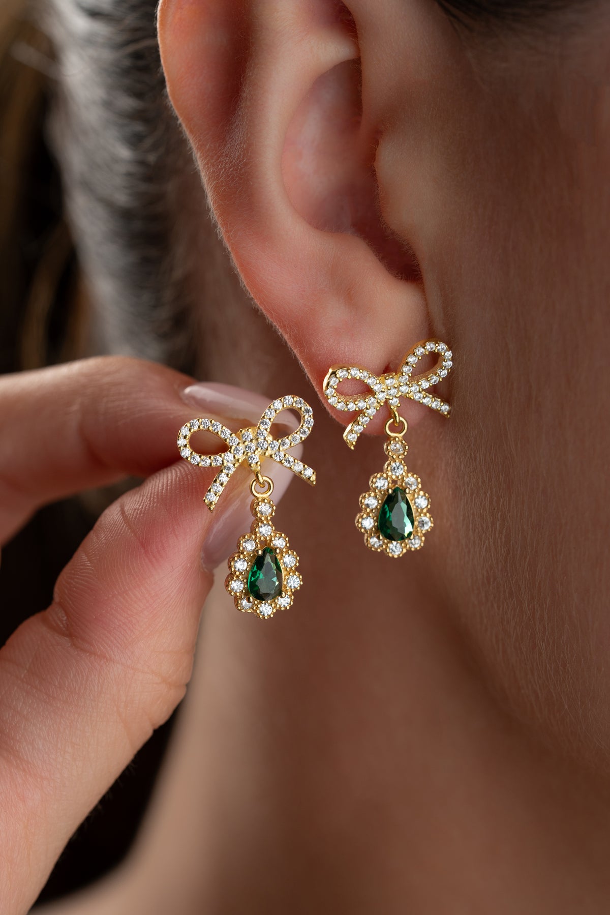 Emerald Bow Drop Earrings in Gold