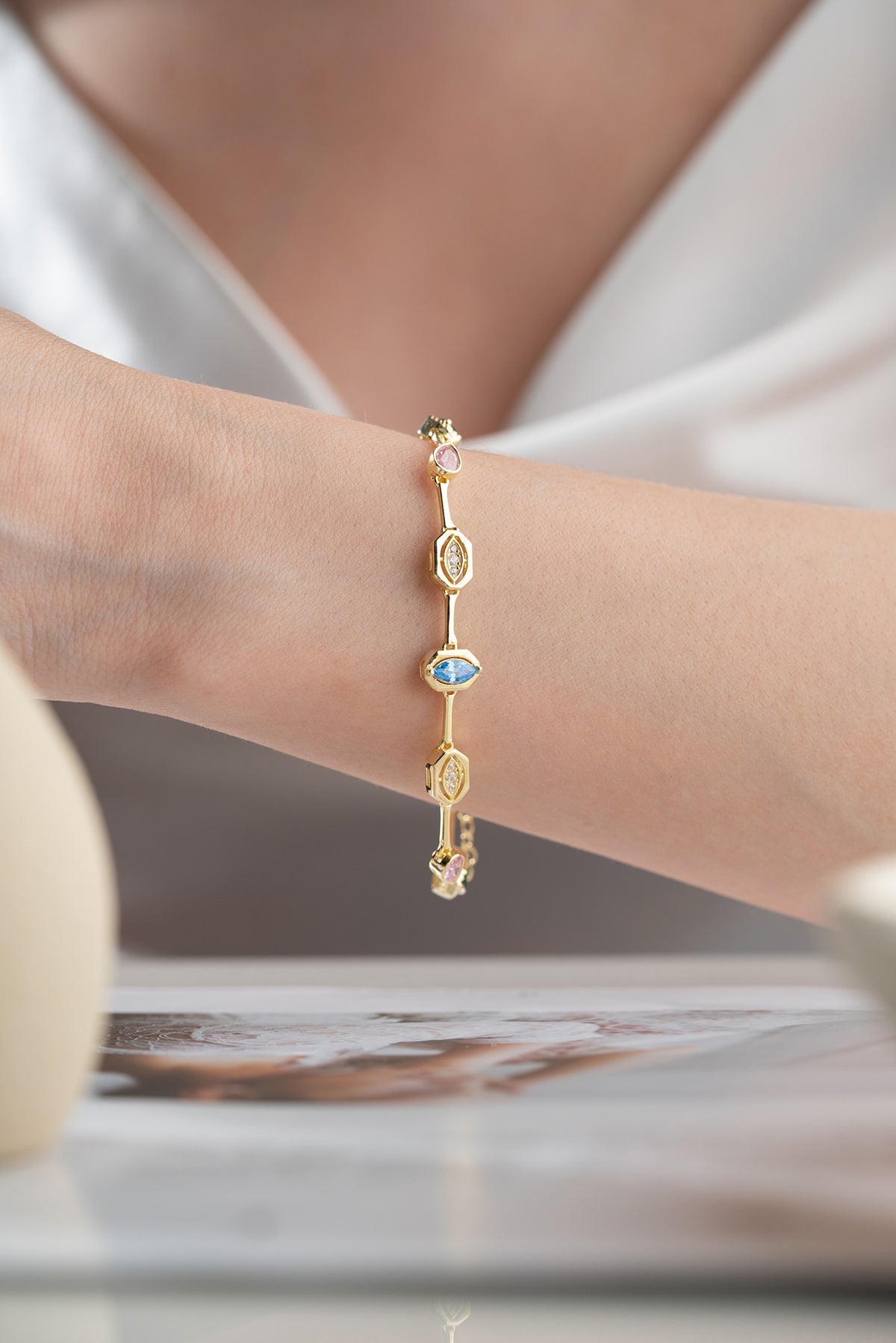 Multicolor Gemstone Station Bracelet in Gold
