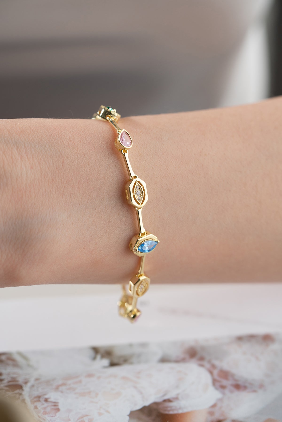 Multicolor Gemstone Station Bracelet in Gold