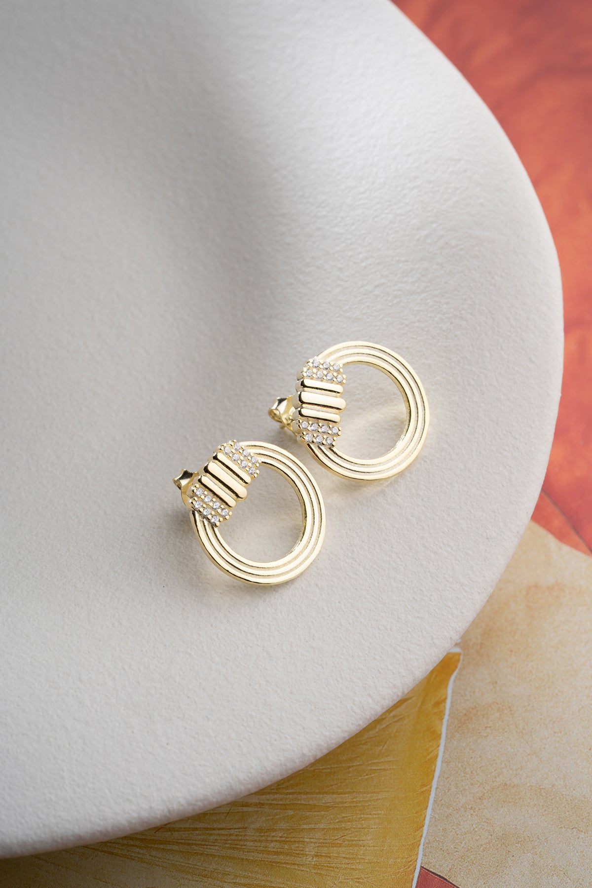 Pave Ring Circle Stud Earrings in Gold