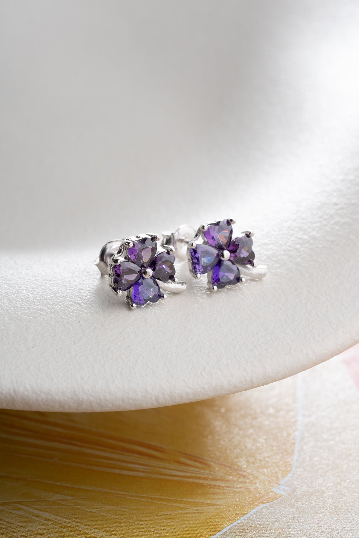 Four Leaf Clover Stud Earrings in Purple