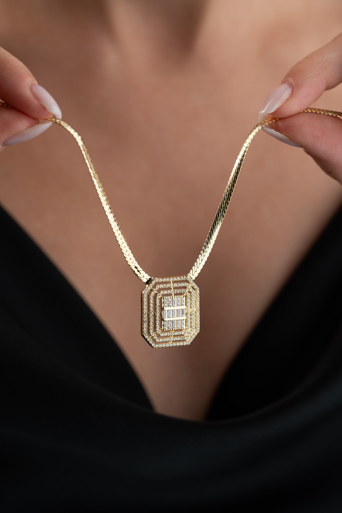 Art Deco Baguette Pendant Snake Chain Necklace