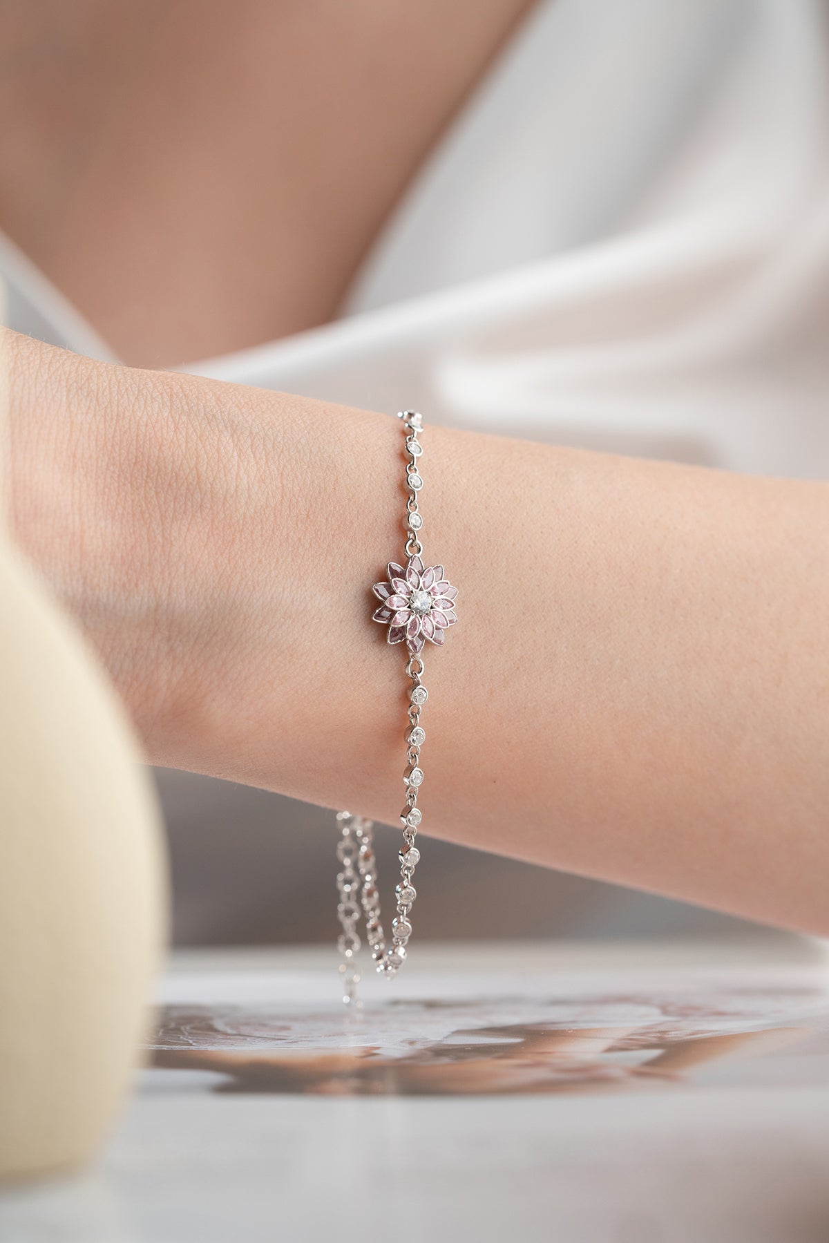 Pink Lotus Flower Crystal Bracelet