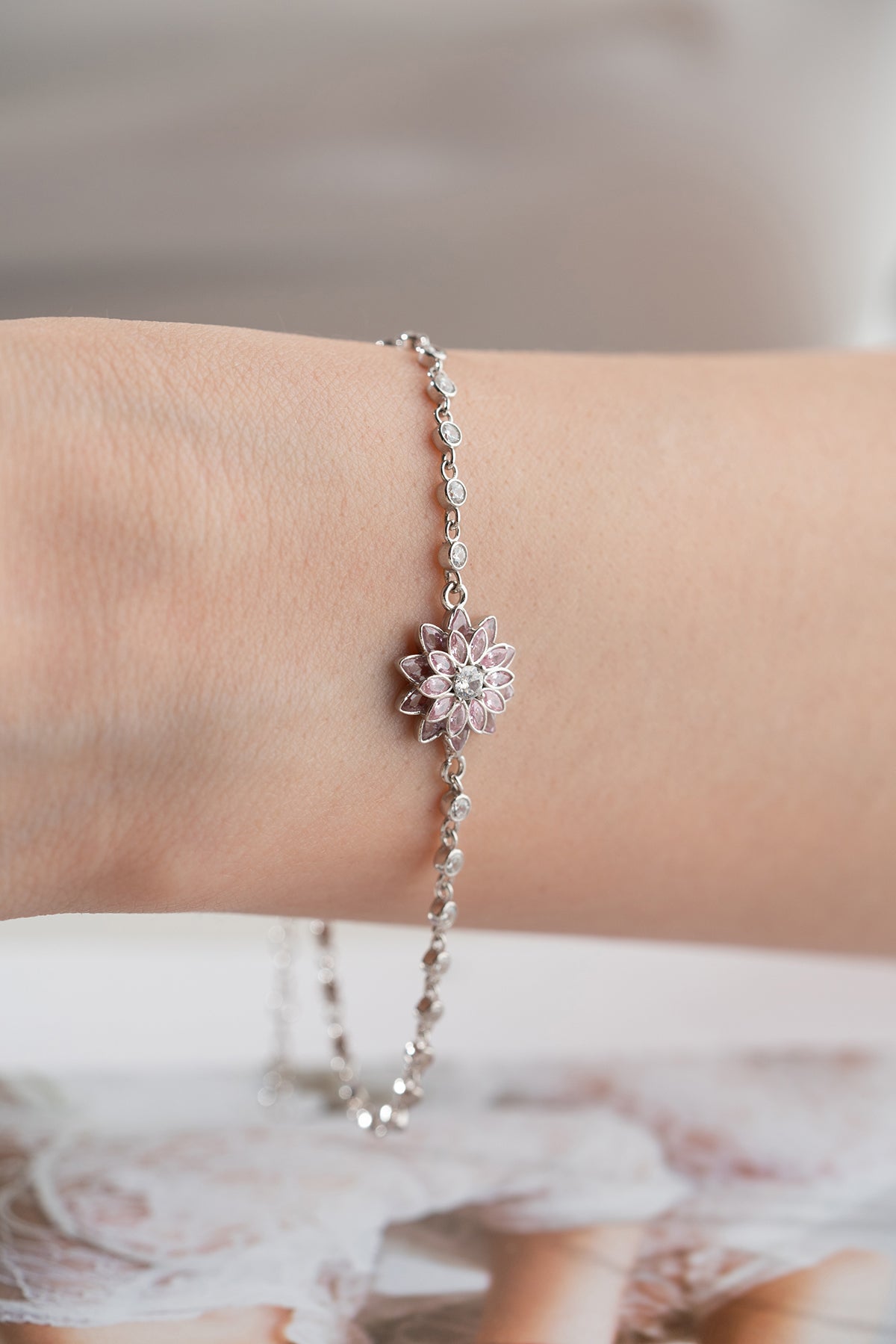 Pink Lotus Flower Crystal Bracelet
