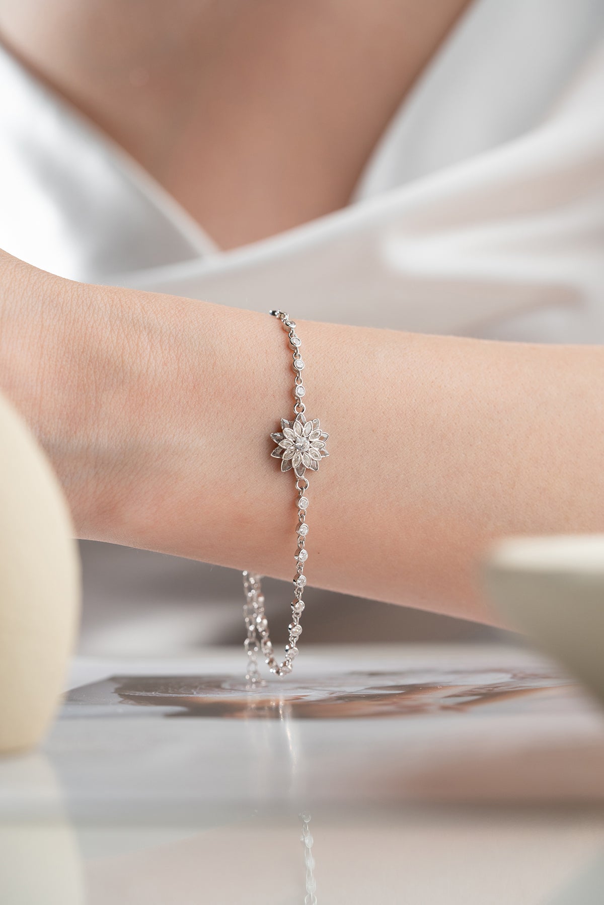 Lotus Flower Charm Bracelet in Silver