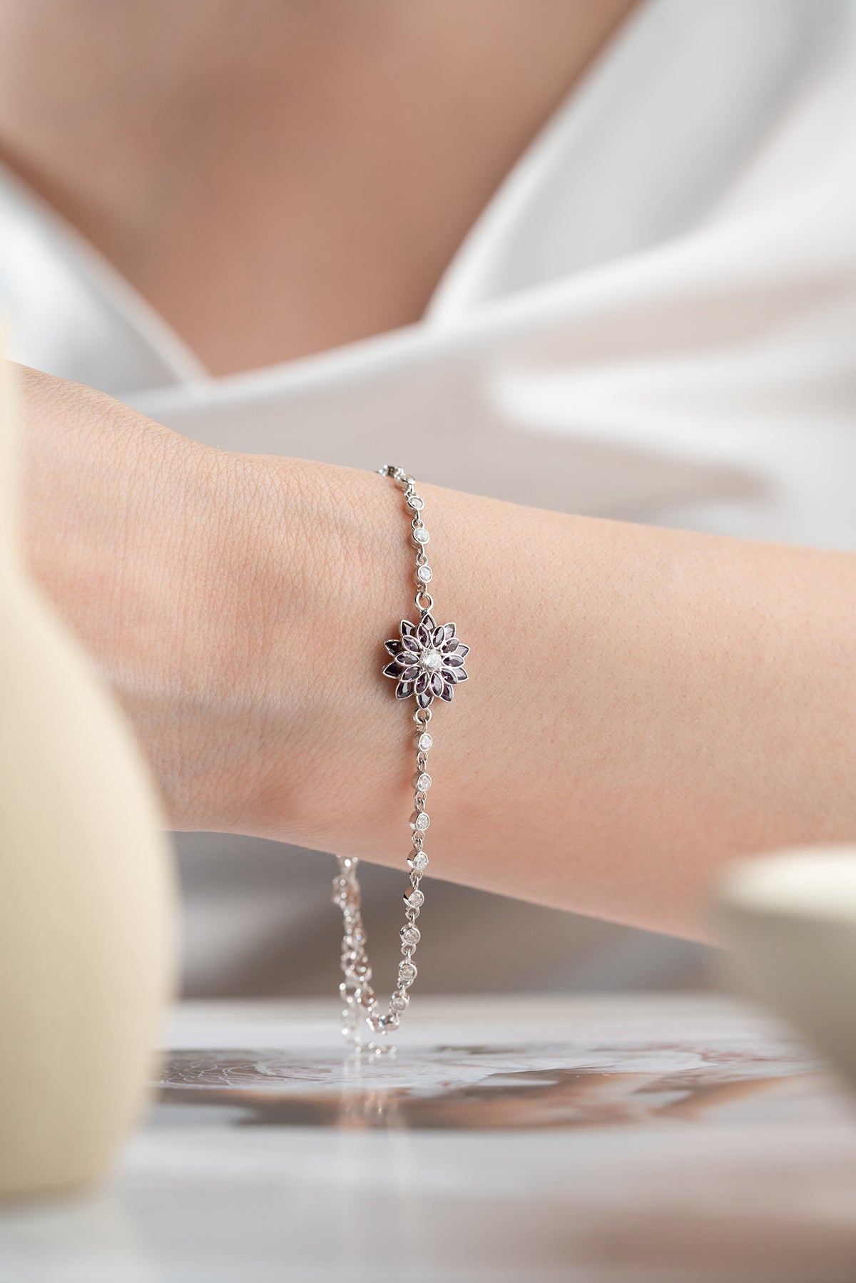Purple Lotus Flower Crystal Bracelet in Silver