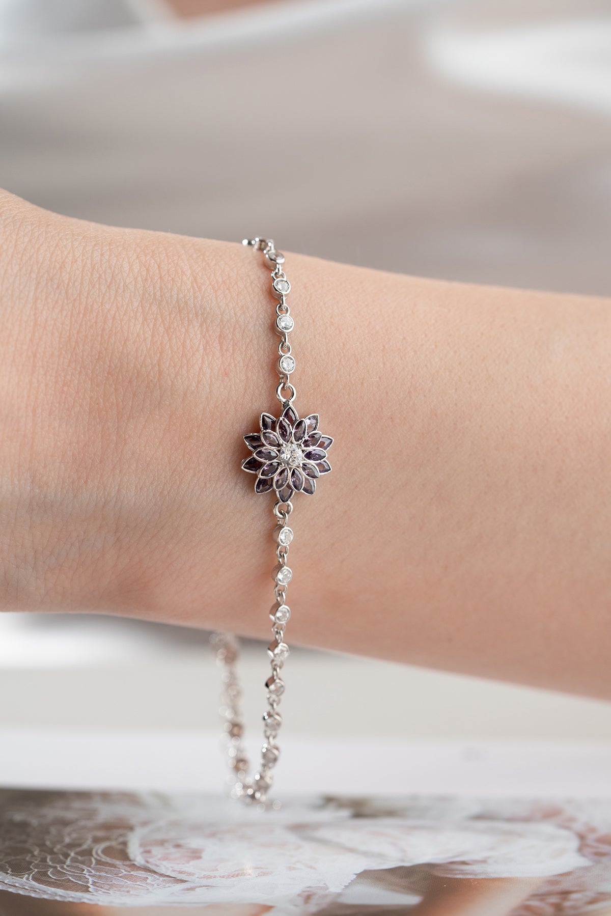 Purple Lotus Flower Crystal Bracelet in Silver