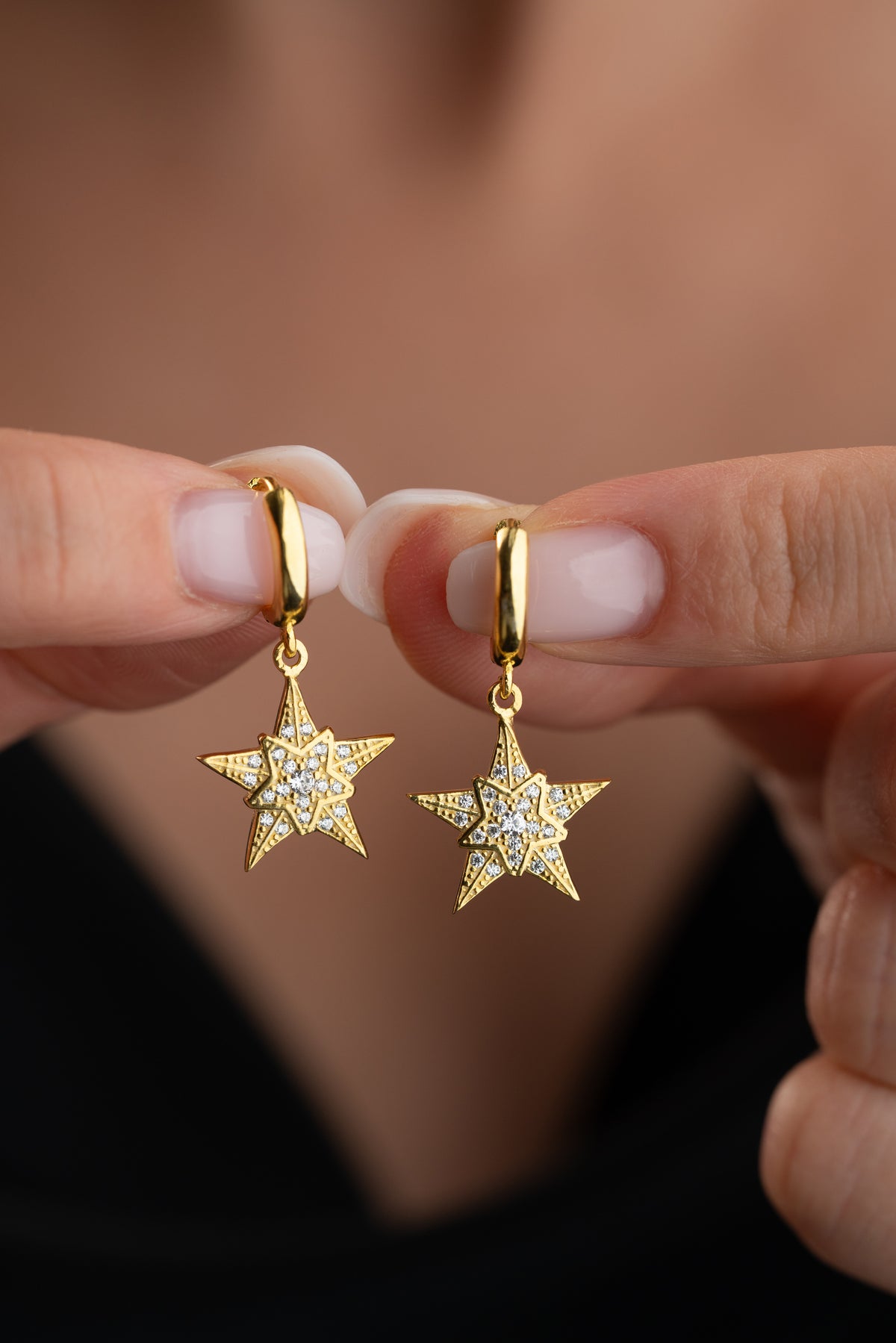Pave Star Dangle Earrings in Gold