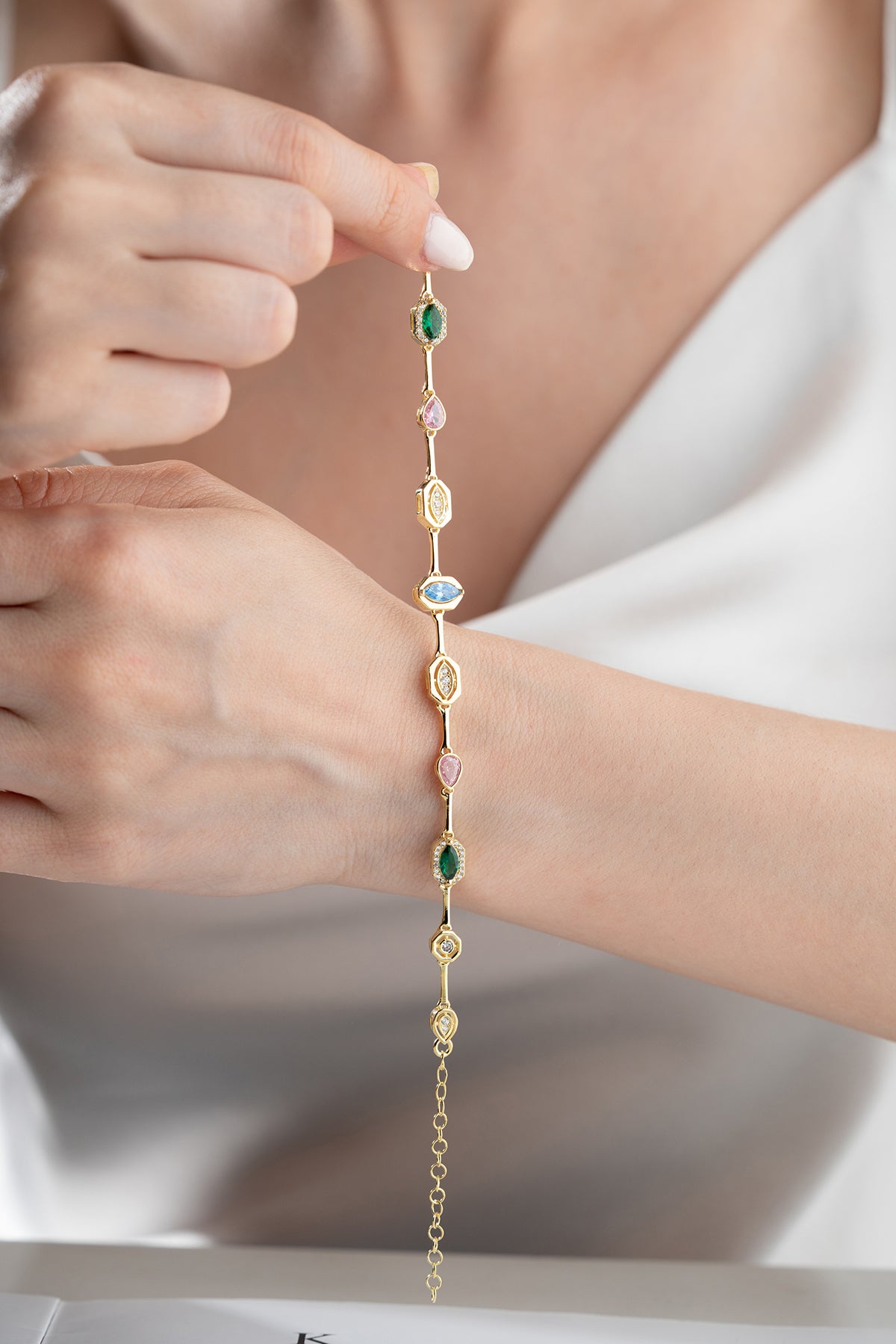Multicolor Gemstone Station Bracelet in Gold