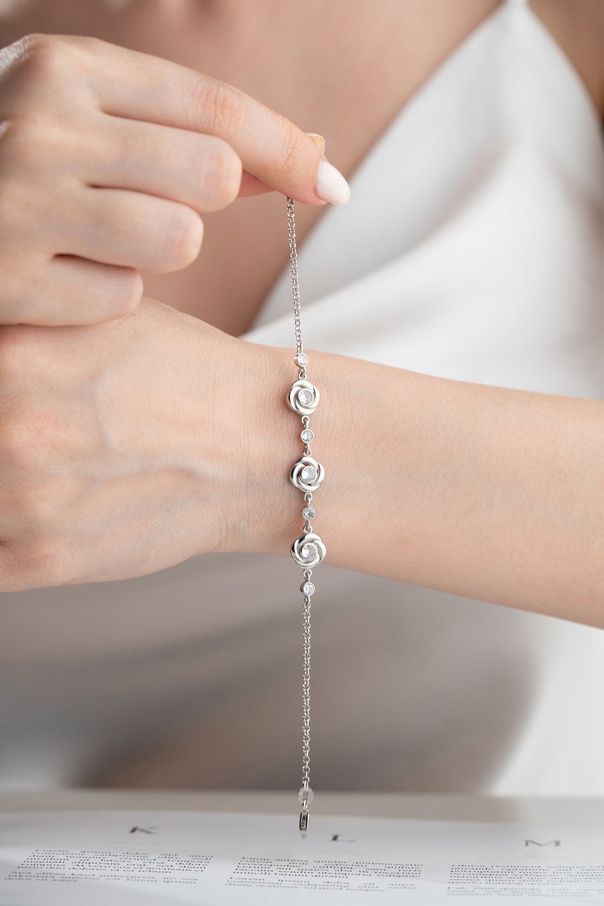 Rose Flower Station Bracelet in Silver