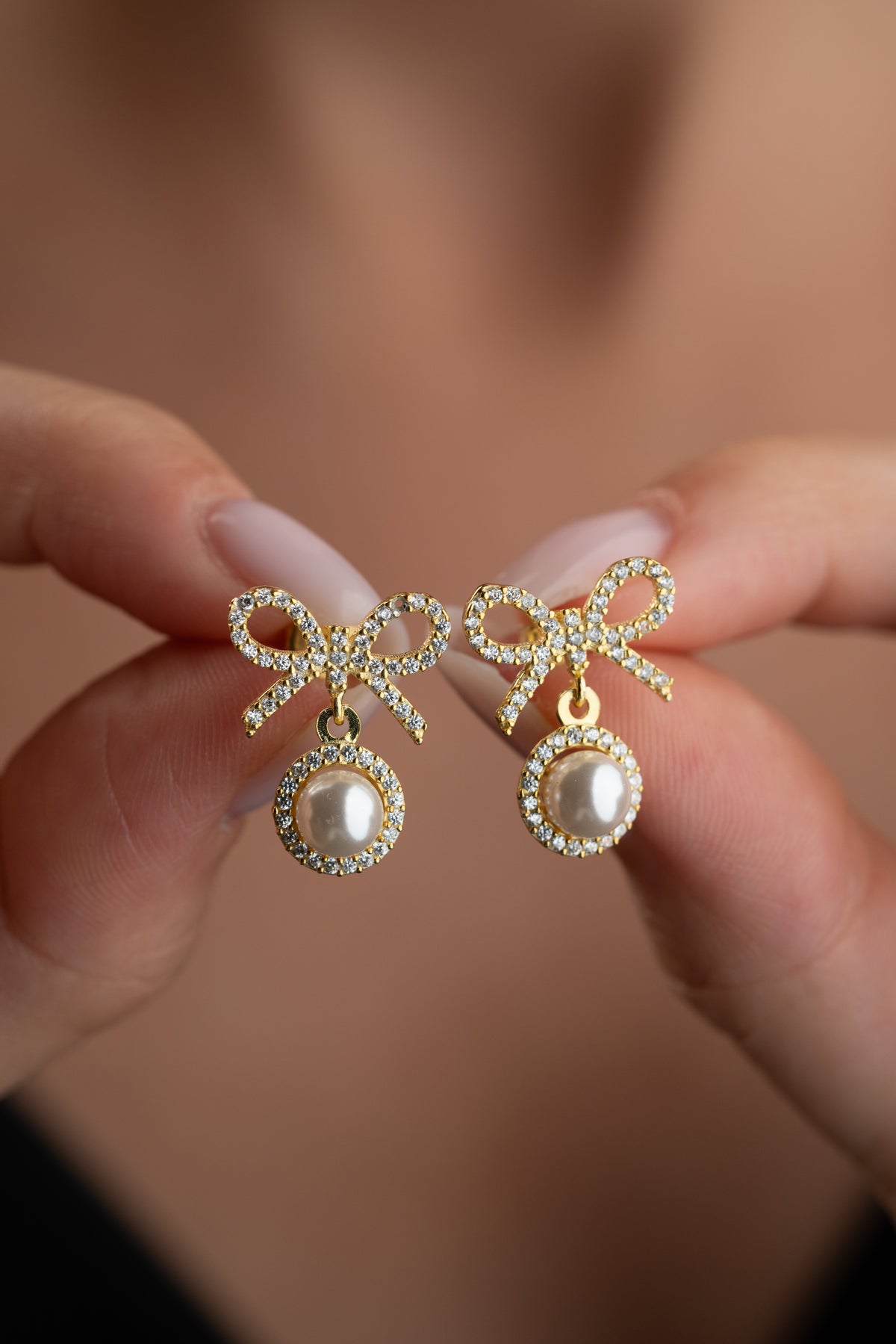 Pearl Bow Drop Earrings in Gold