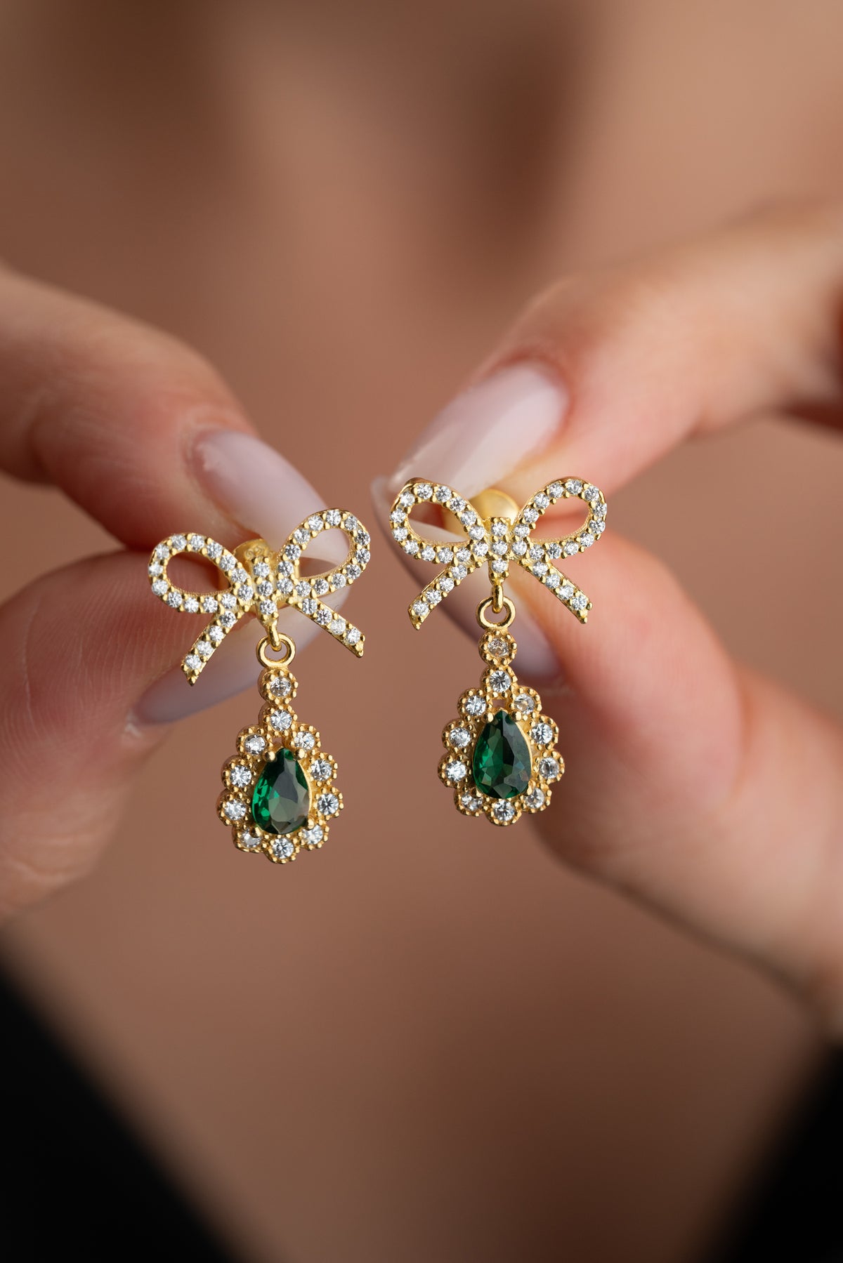 Emerald Bow Drop Earrings in Gold