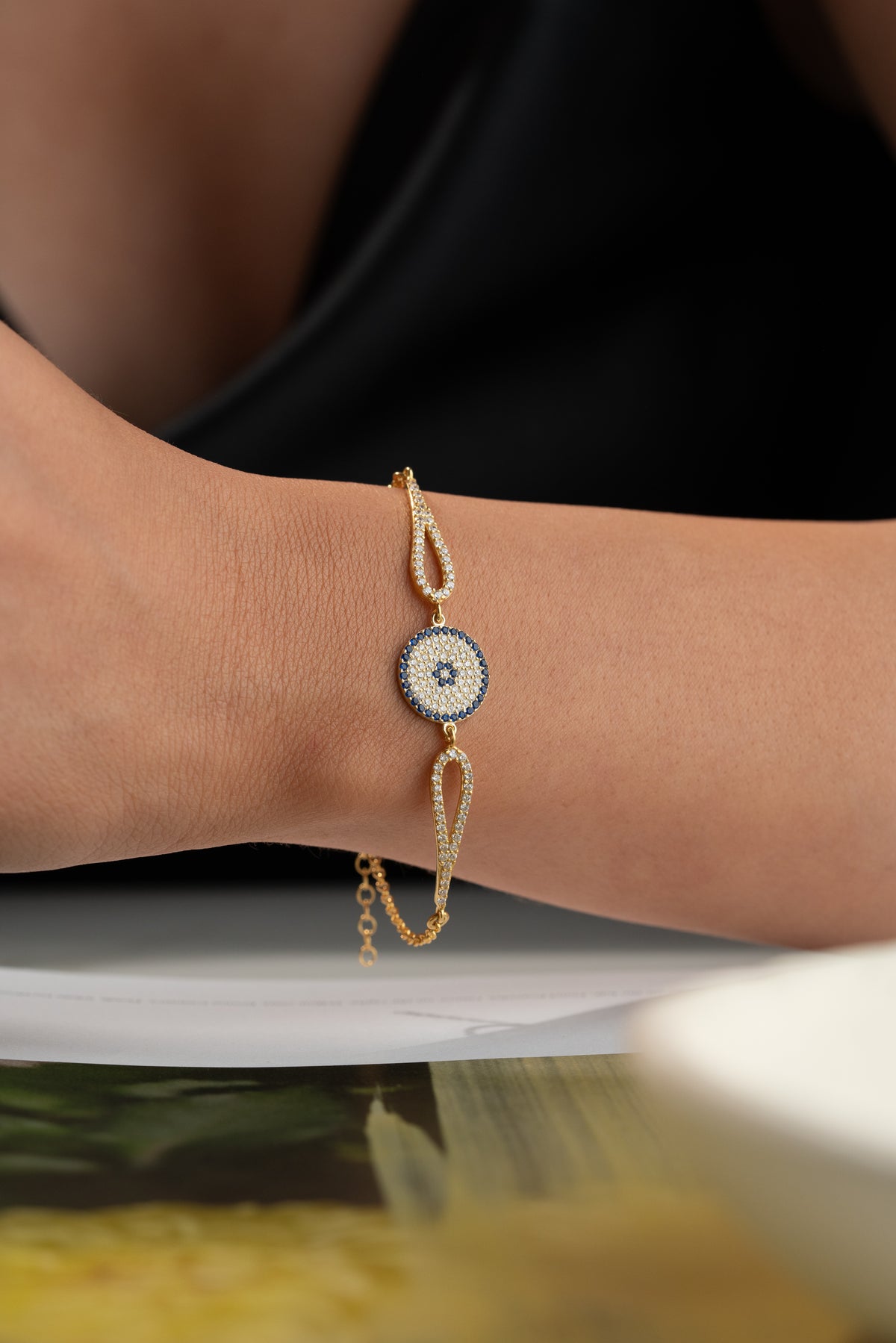 Pave Evil Eye Charm Bracelet in Gold