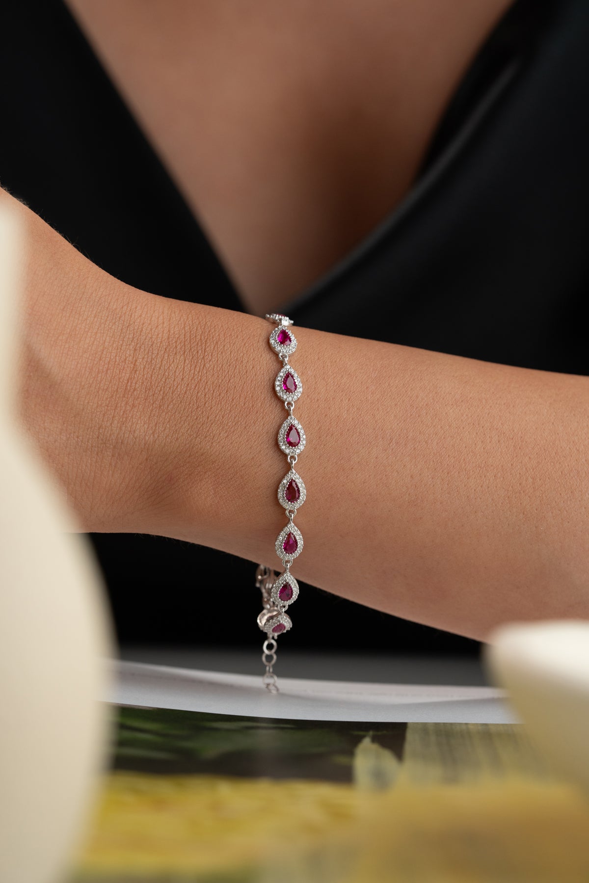 Garnet Teardrop Halo Tennis Bracelet