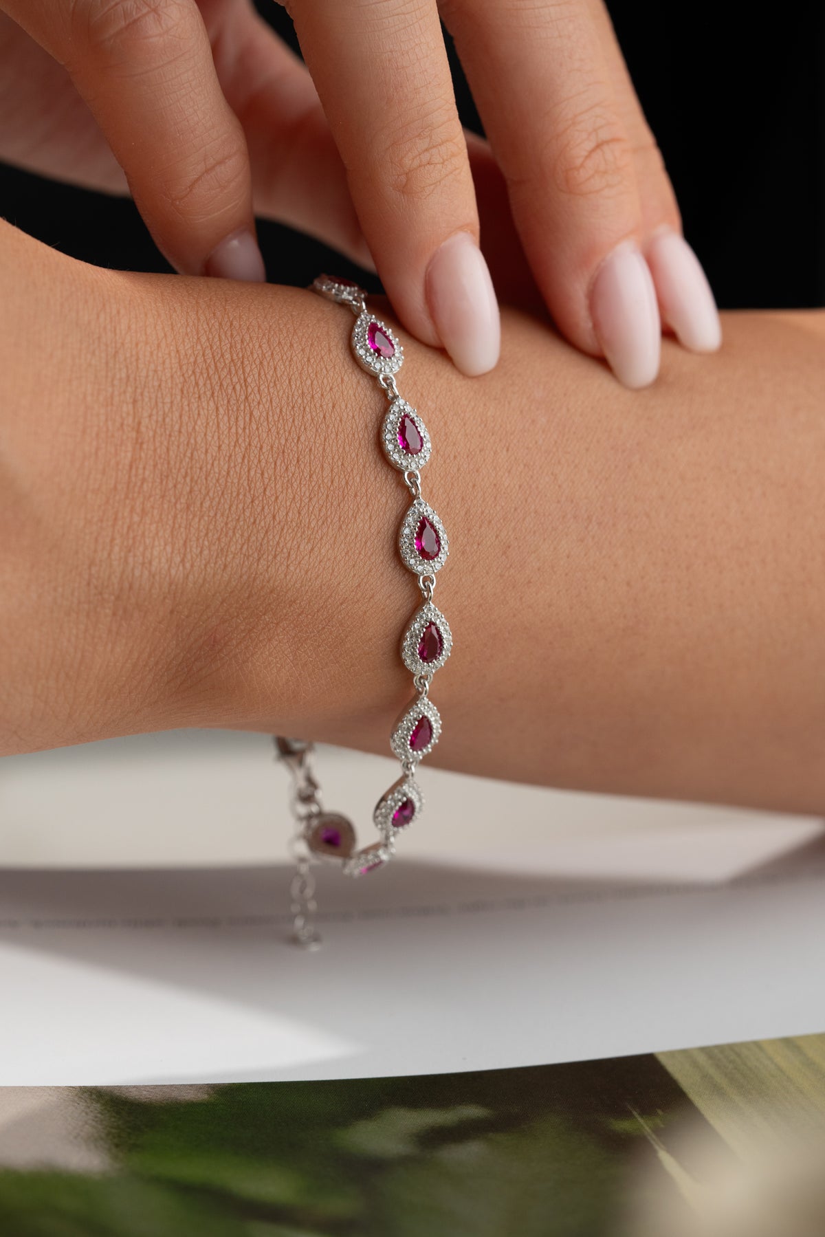 Garnet Teardrop Halo Tennis Bracelet