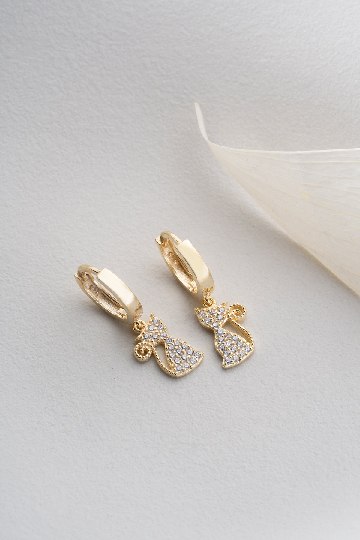 Pave Cat Charm Hoop Earrings