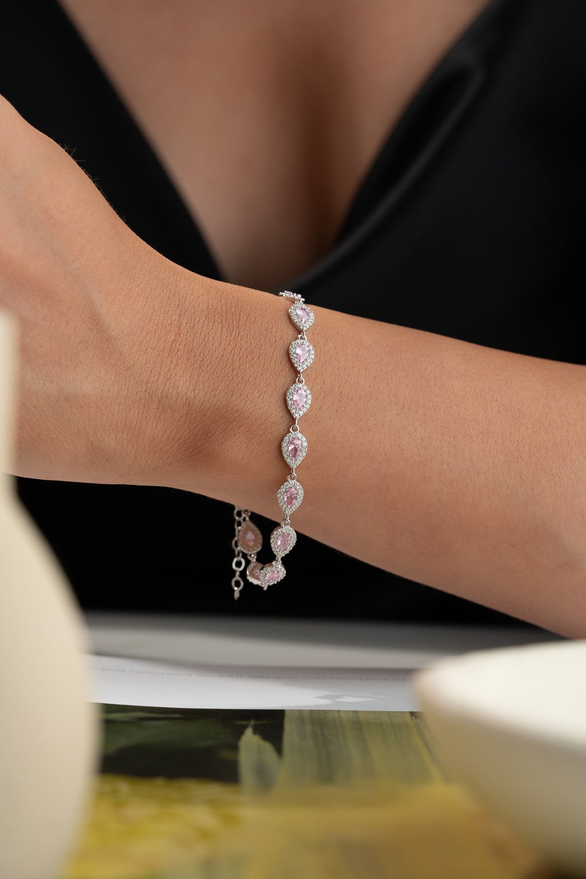 Pink Teardrop Halo Tennis Bracelet