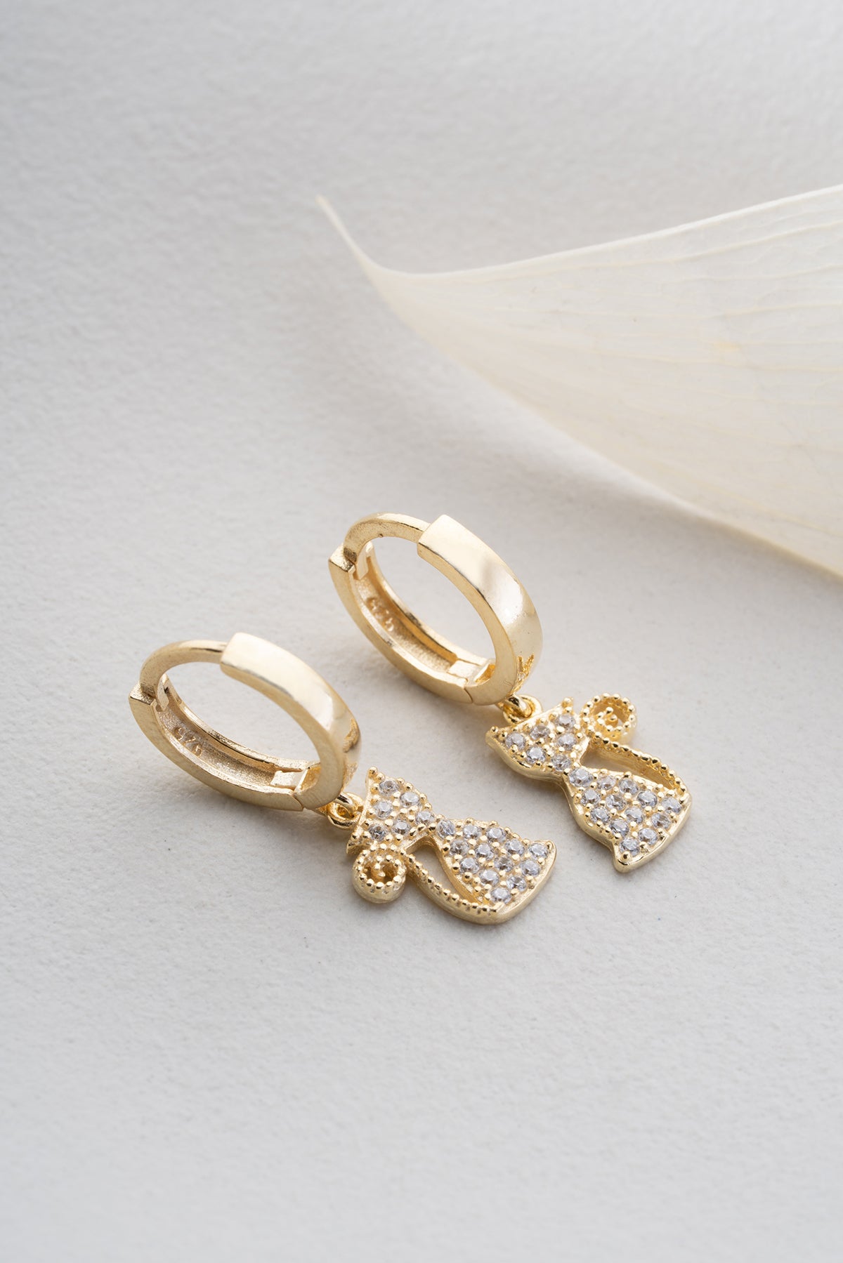 Pave Cat Charm Hoop Earrings