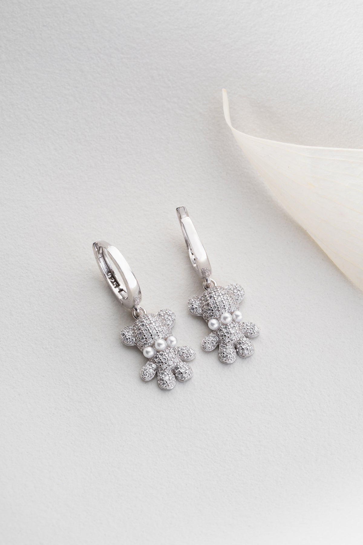 Pave Teddy Bear Charm Hoop Earrings