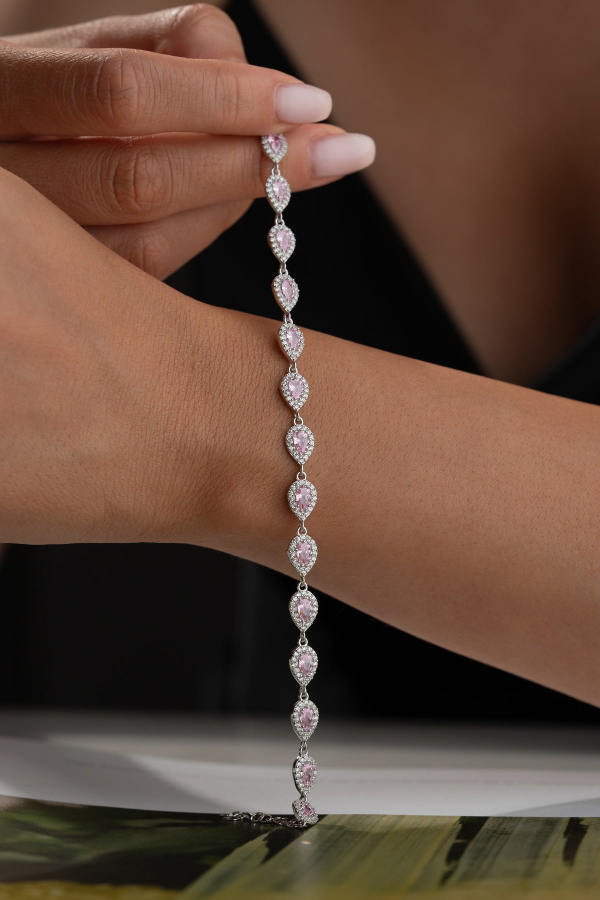 Pink Teardrop Halo Tennis Bracelet