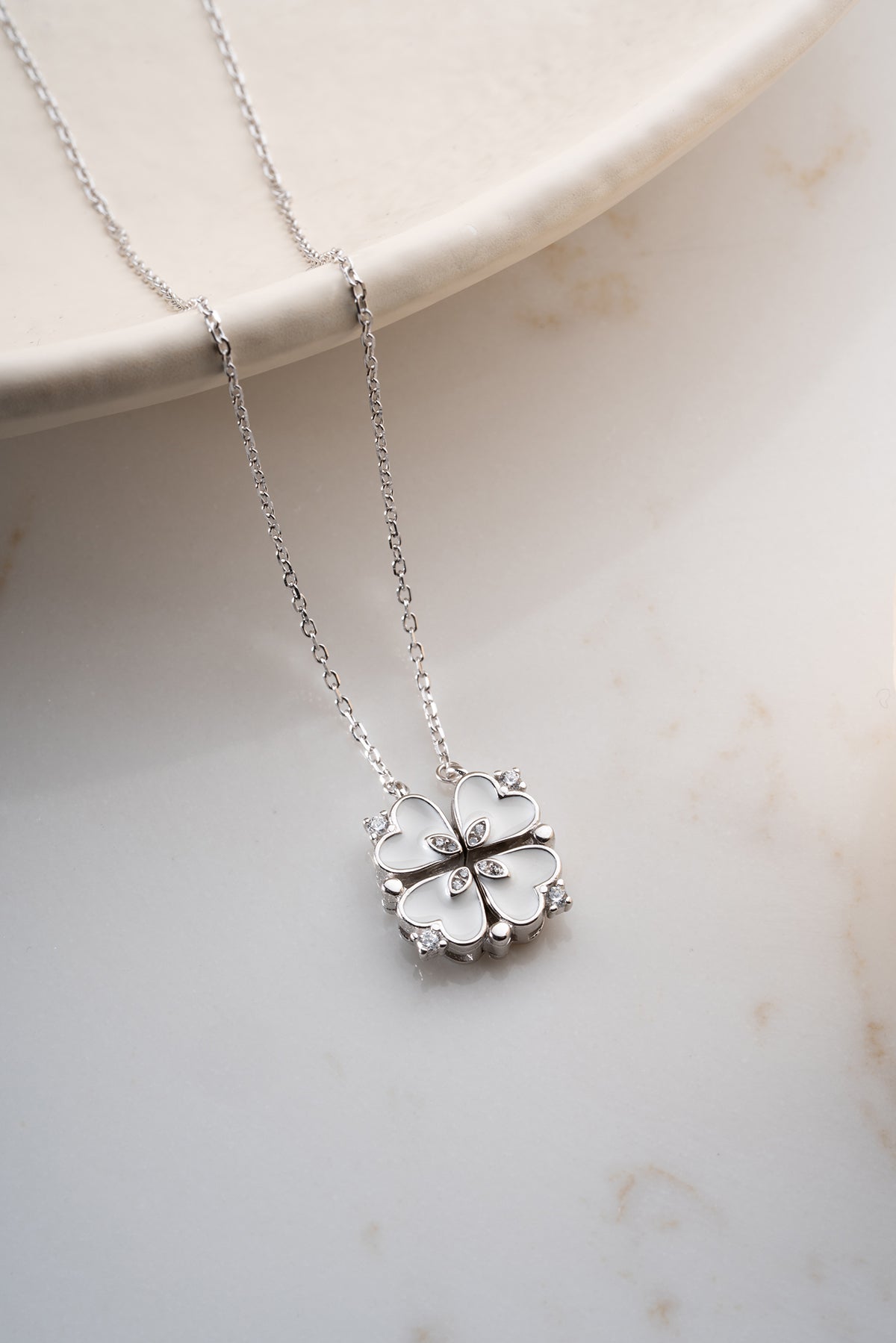 White Clover Heart Pendant Necklace