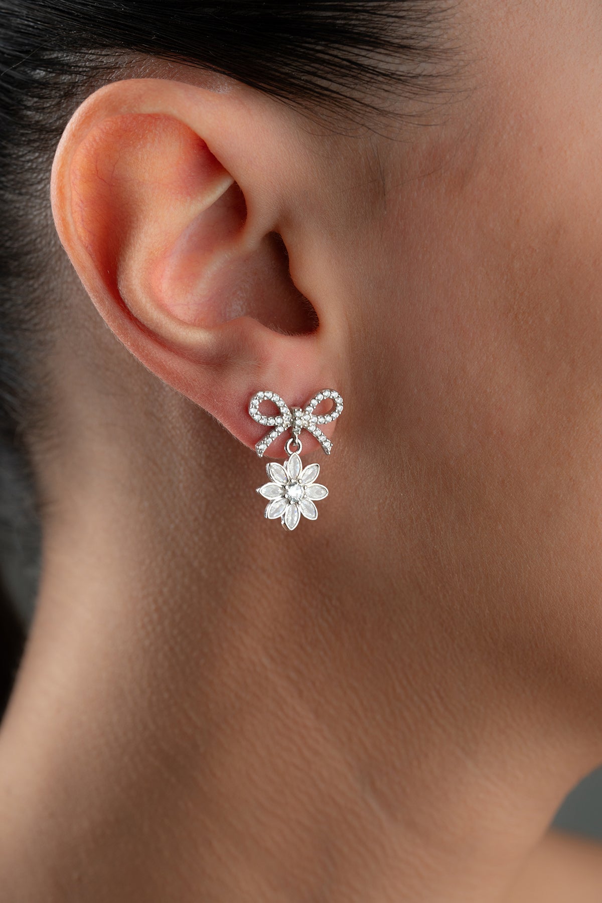 Bow and Flower Drop Earrings in Silver