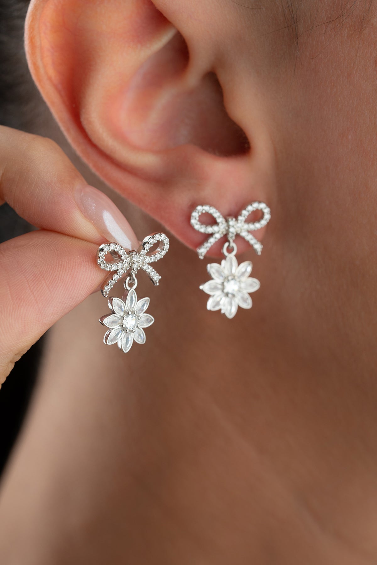 Bow and Flower Drop Earrings in Silver