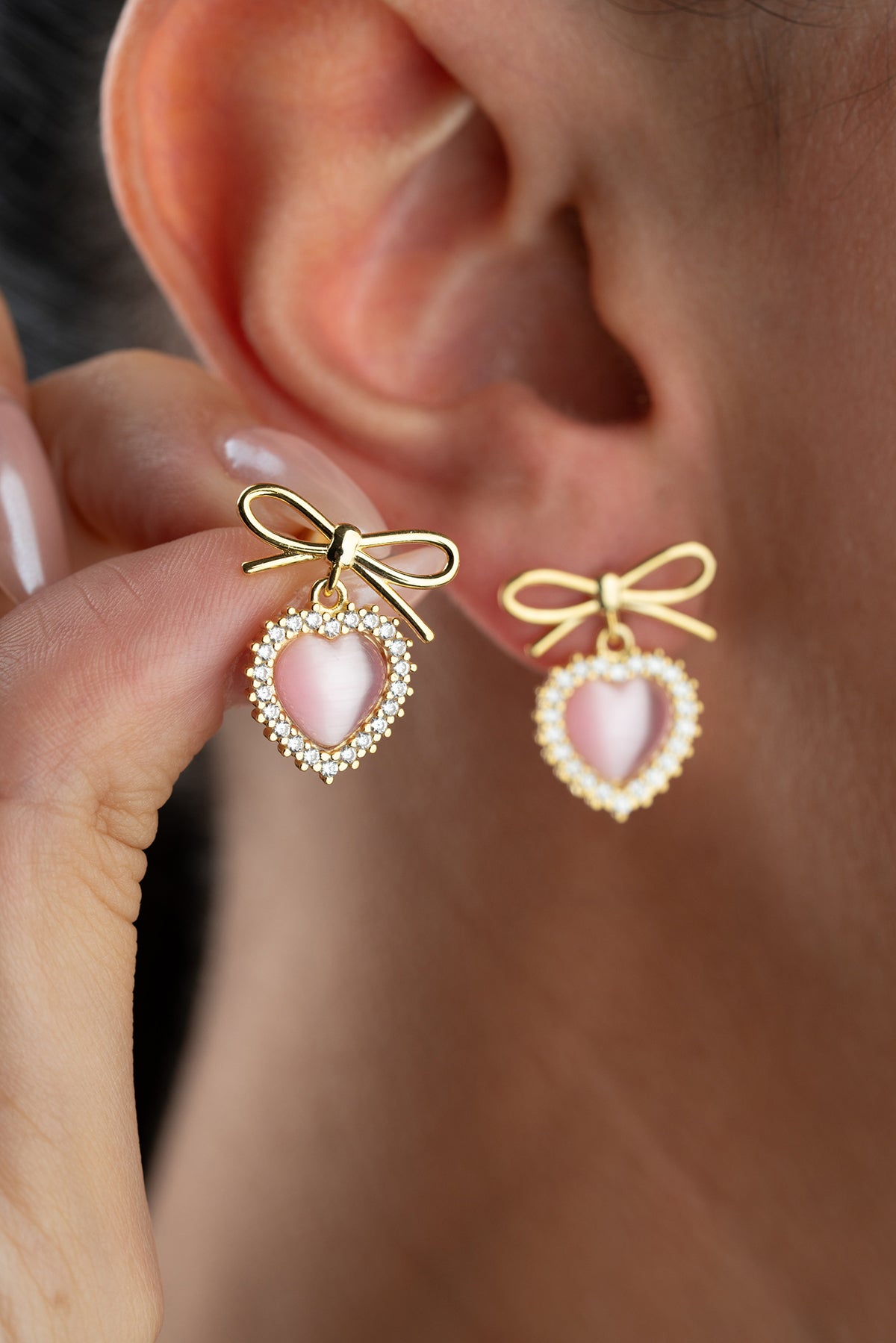 Bow and Heart Drop Earrings in Gold