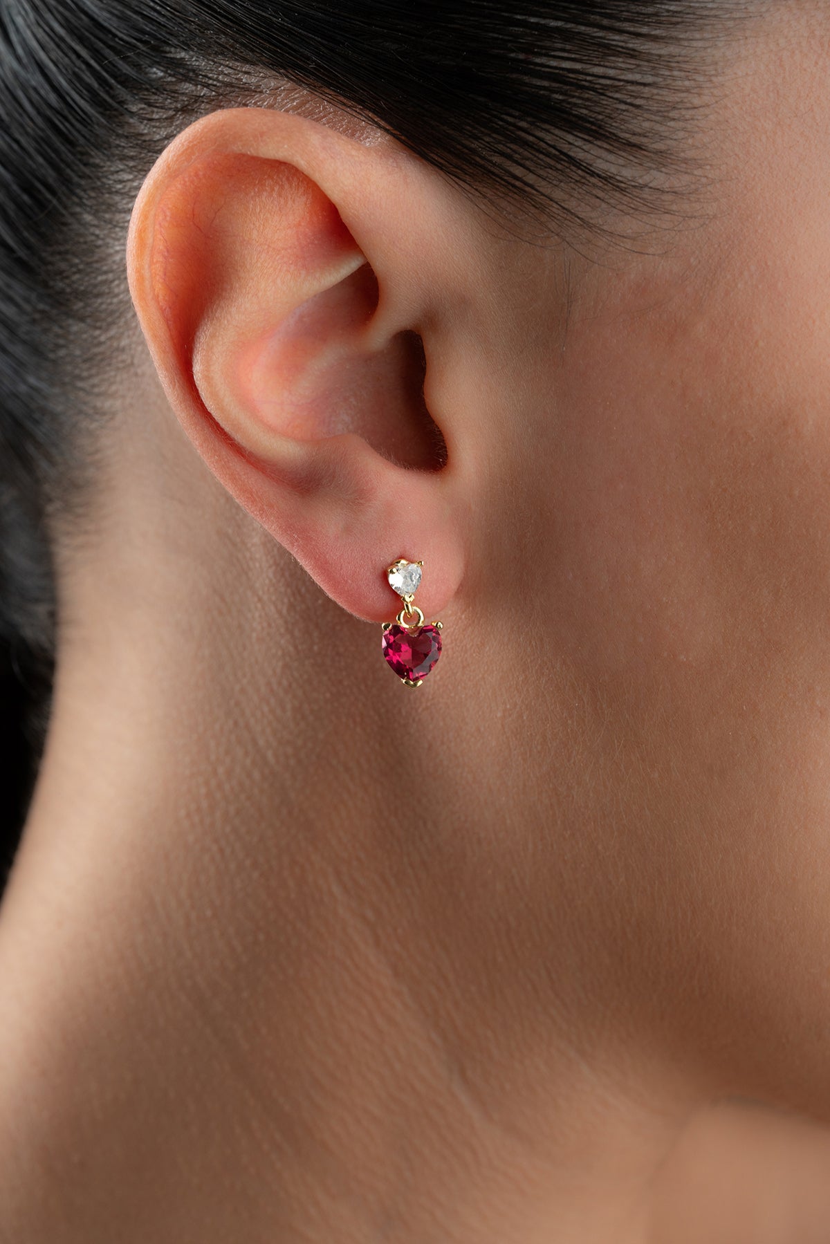Red Heart Crystal Drop Earrings in Gold
