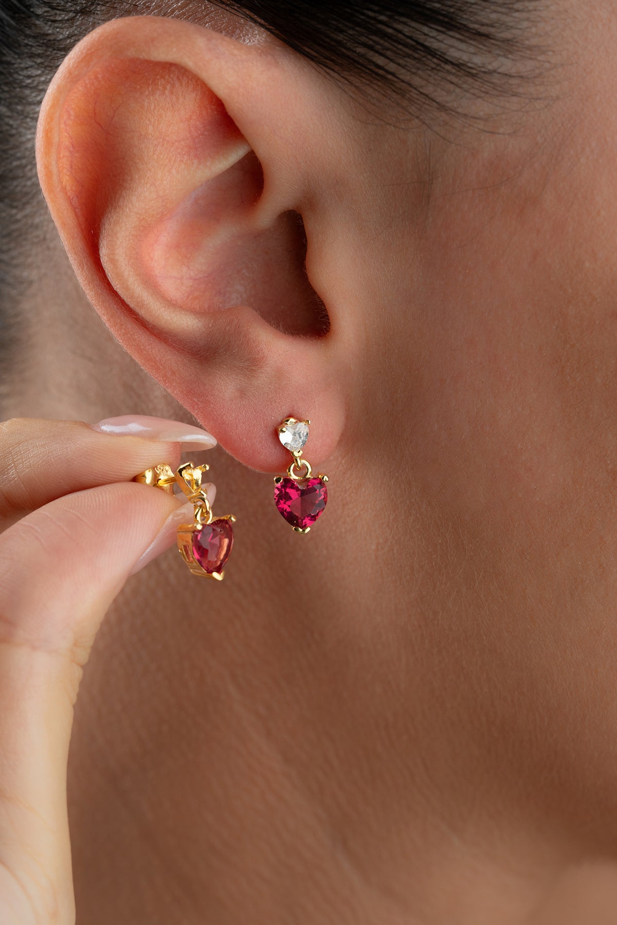 Red Heart Crystal Drop Earrings in Gold