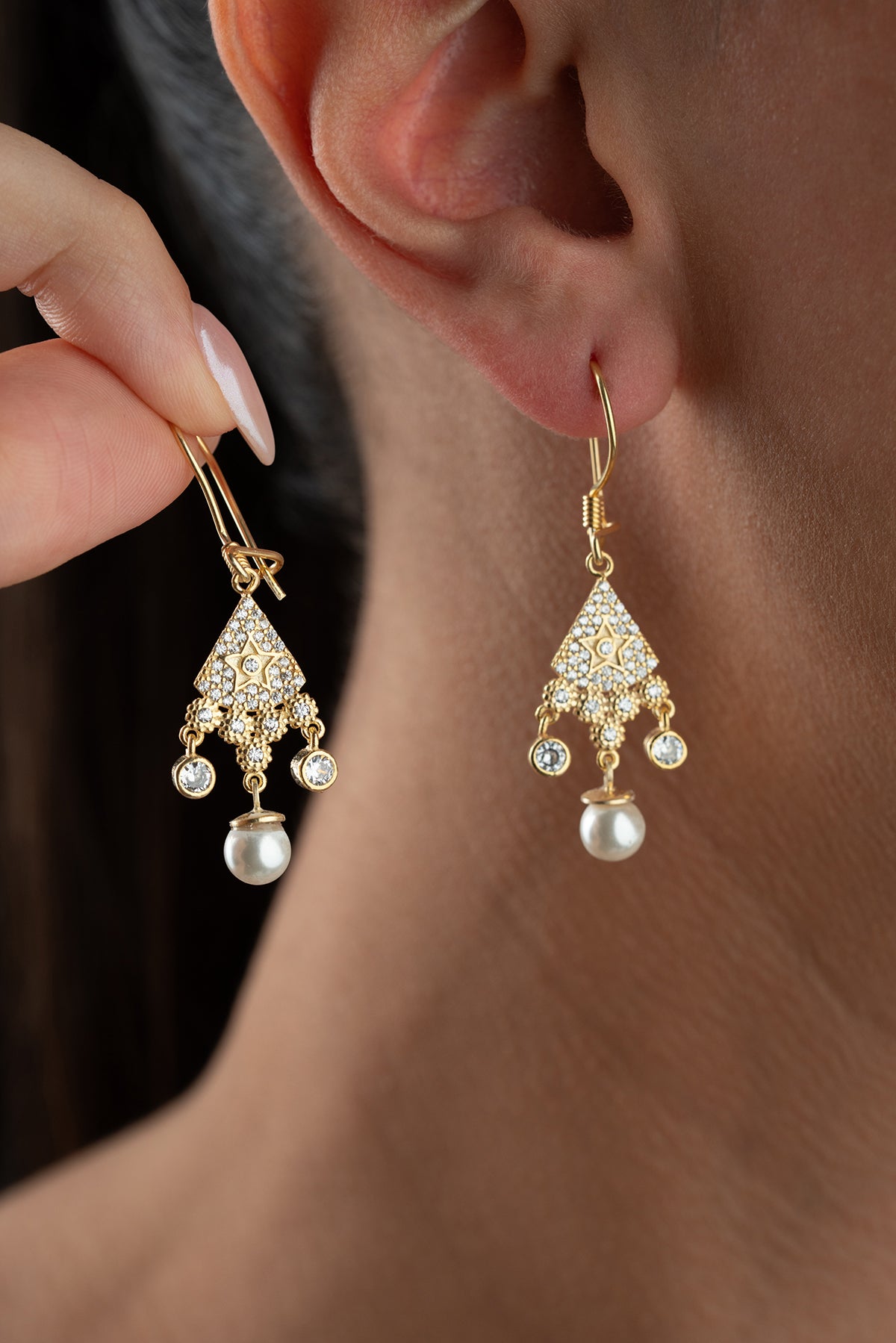 Gold Star Pearl Chandelier Earrings