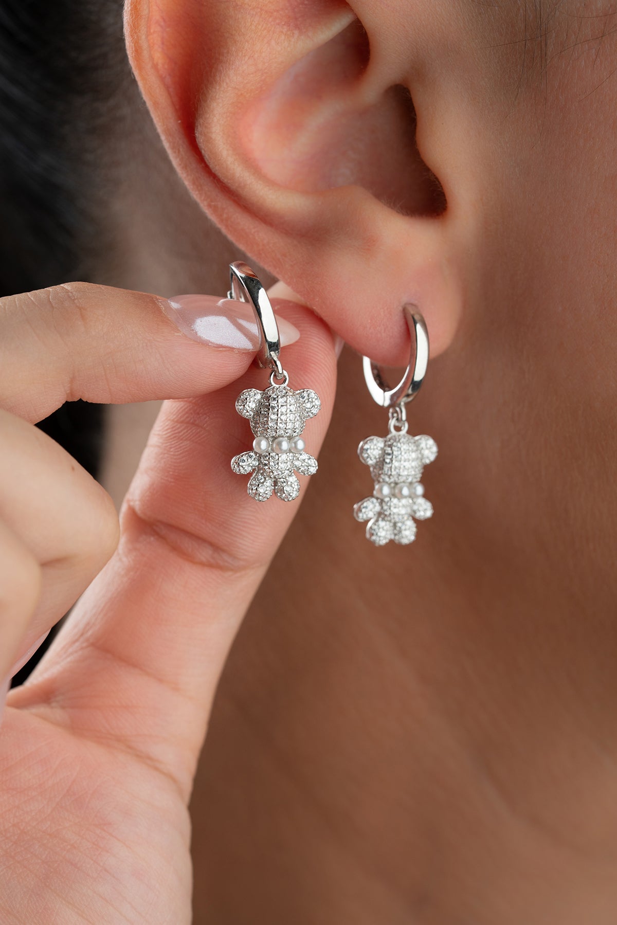 Pave Teddy Bear Charm Hoop Earrings